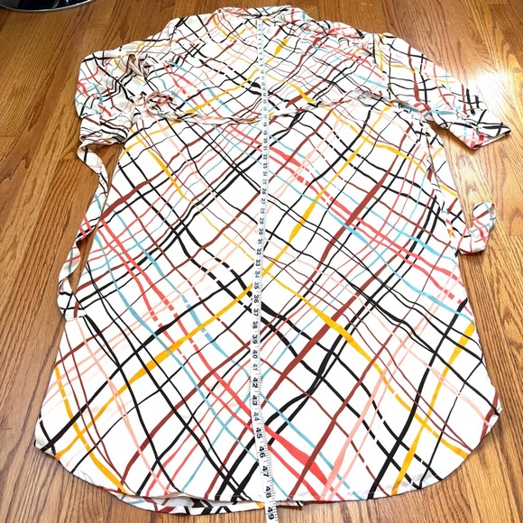 New York & Co. cream monogram button up V-neck long sleeve chiffon shirtdress XL - Picture 12 of 16